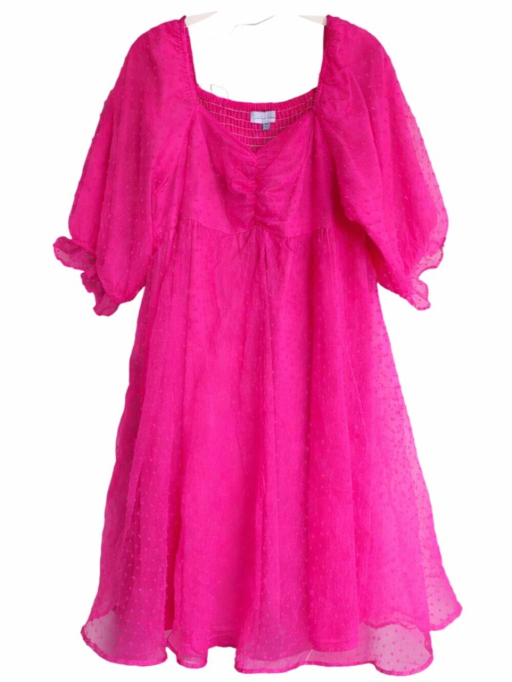 Hot Pink Swiss Dot Smocked Babydoll Mini Dress Puff Sleeve Romantic XL L - Picture 2 of 11